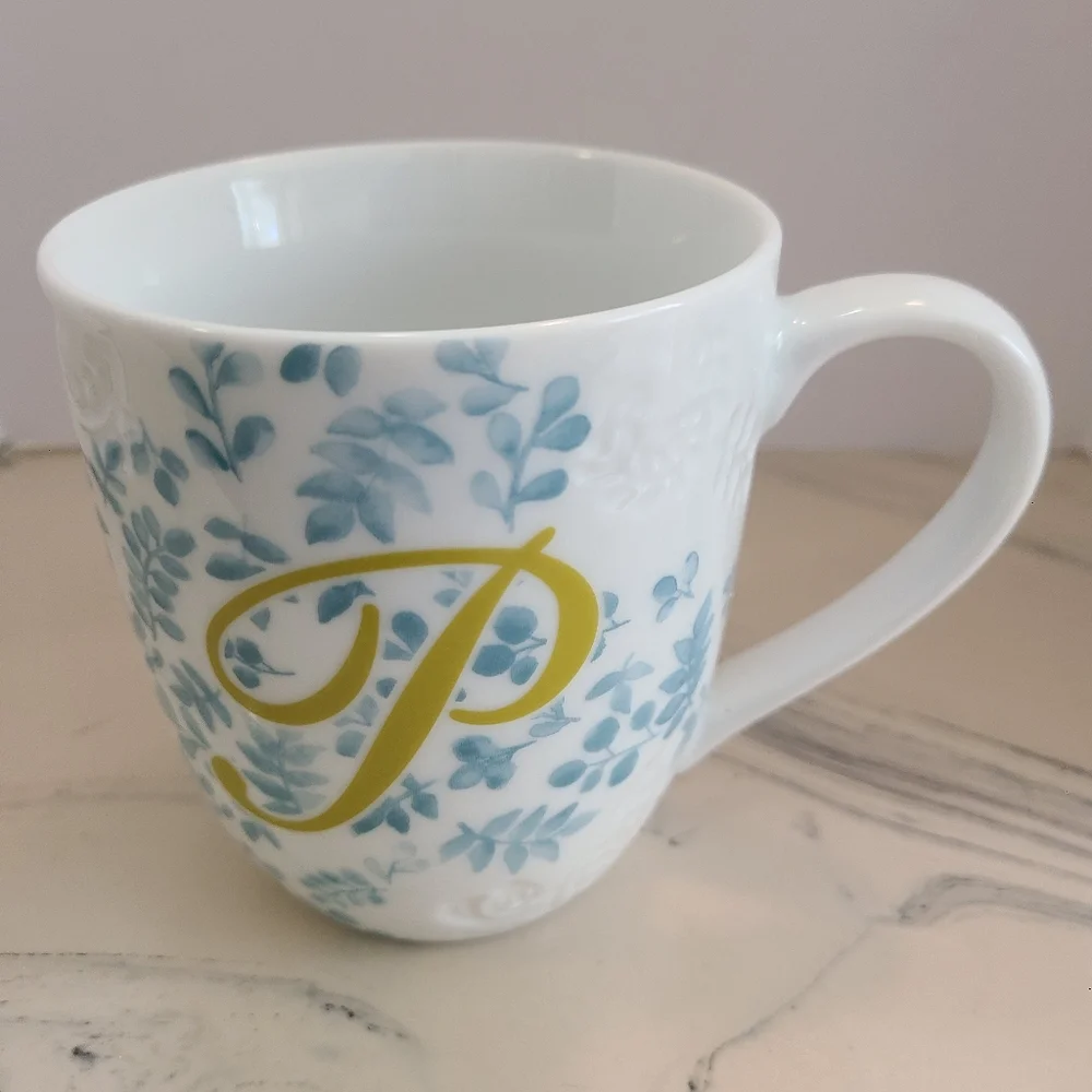 Pier 1 Imports Floral Embossed White Blue Monogram Letter P Coffee Tea Mug